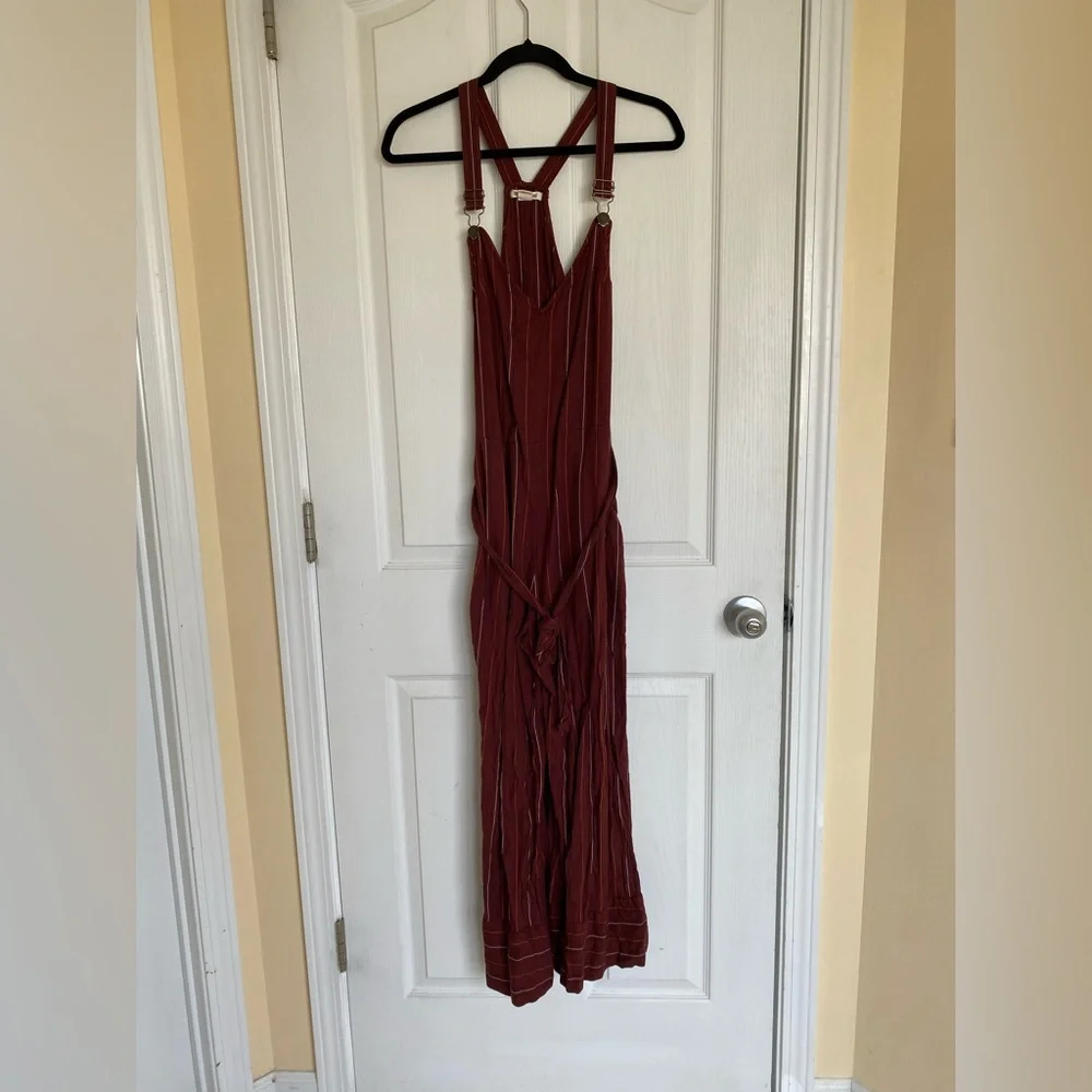 BILLABONG Bella Day Burgundy Multi Striped Culotte Jumpsuit Overalls Size Large